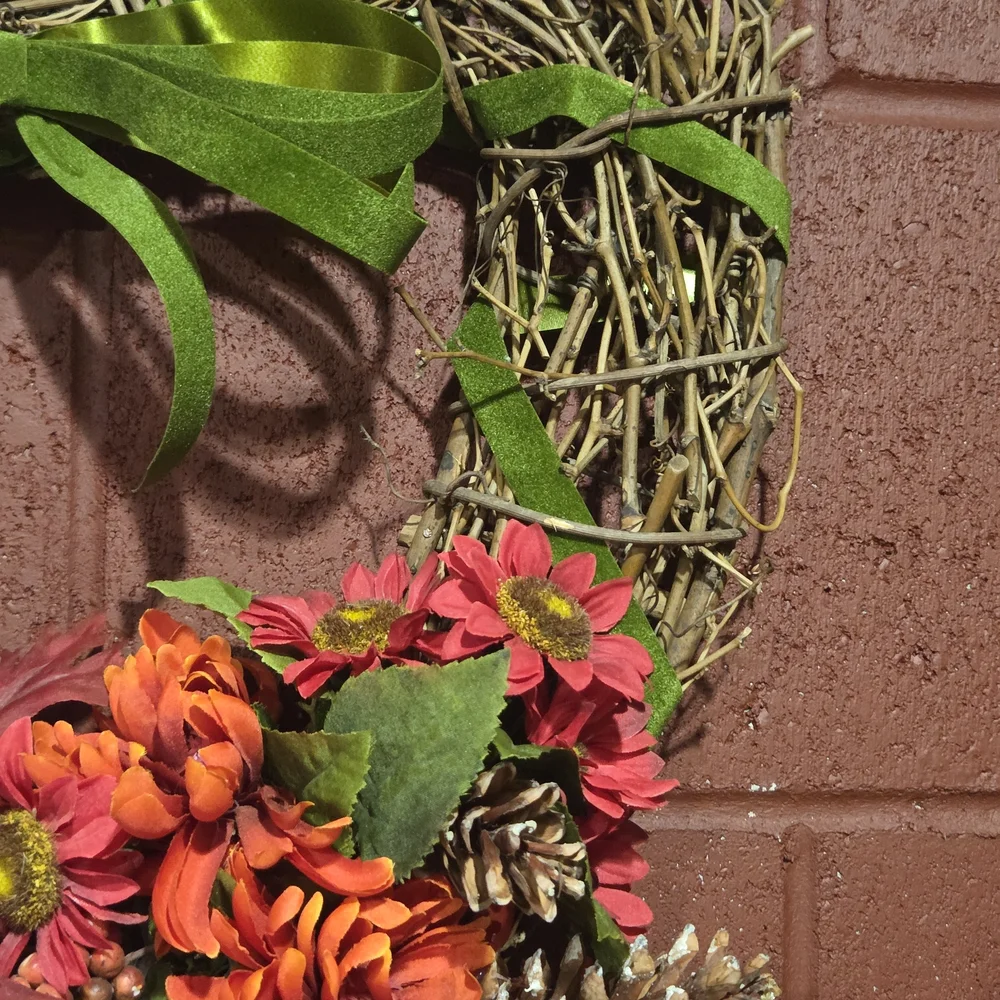Heart-Shaped Autumn Grapevine Wreath with Red, Orange and Green Accents